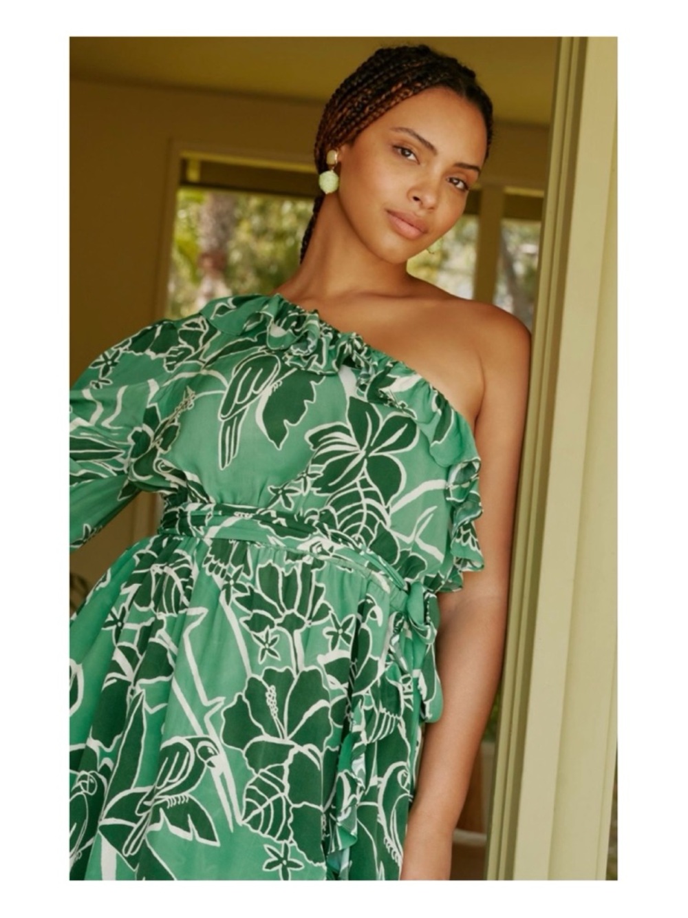 NWOT Anthropologie Farm Rio Printed One Shoulder Ruffle Dress in Living Nature M - Picture 6 of 16